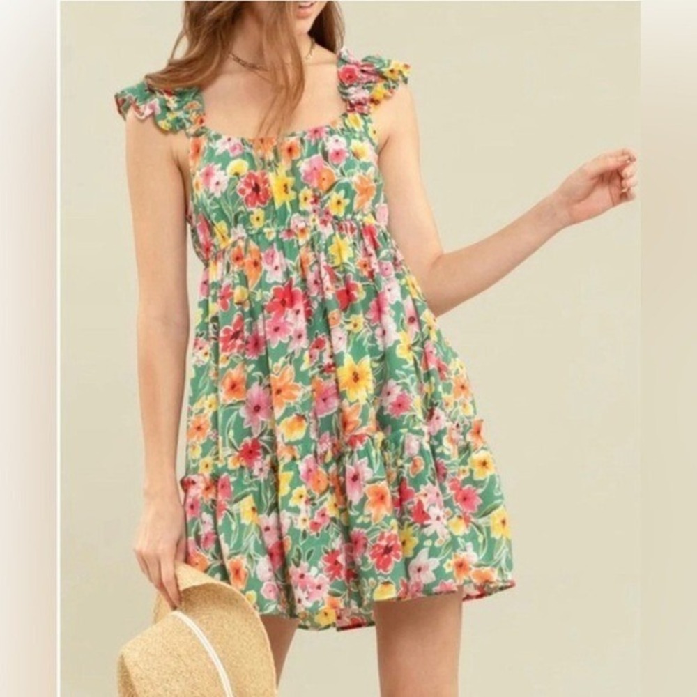 Blu Pepper Floral Ruffle Strap Sleeveless Mini Dress Colorful Summer Size Small